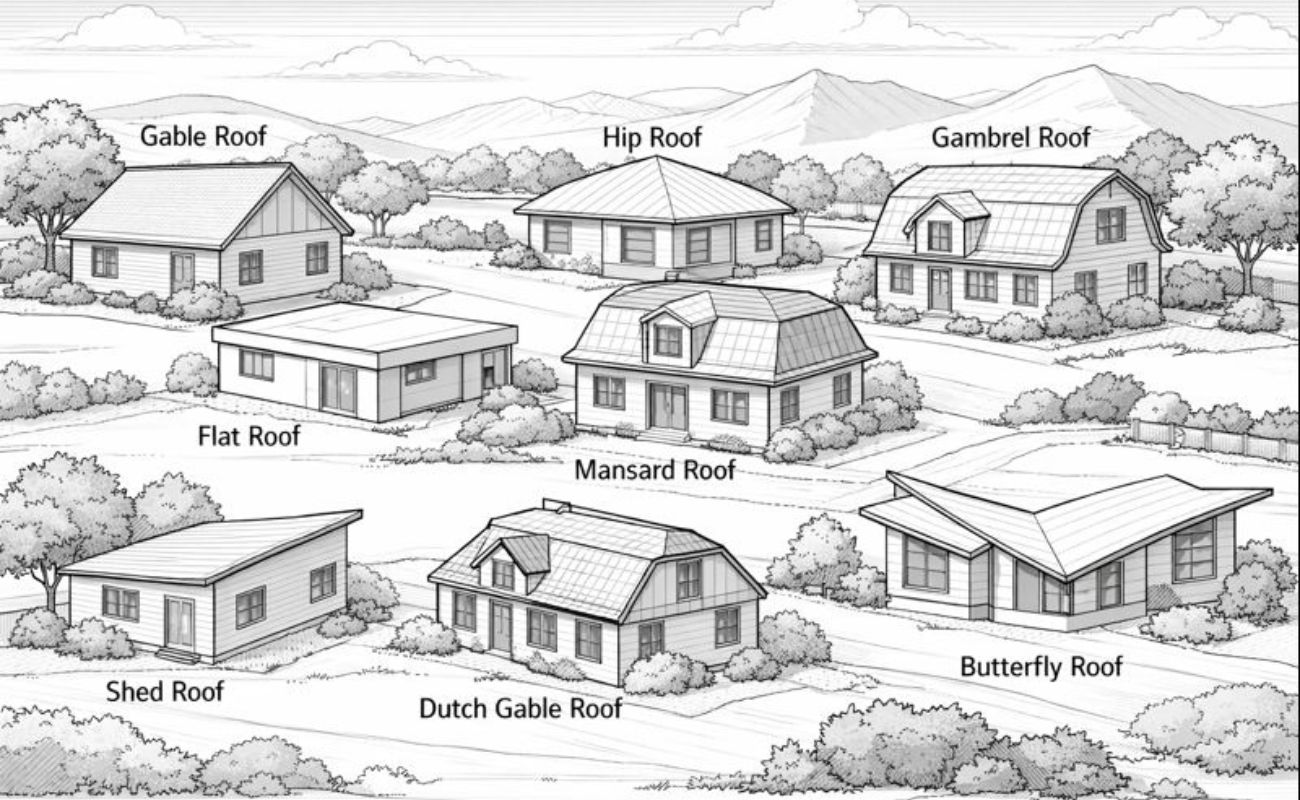 cad style Image showcasing the different types of roofs on a house; Gable Roof, Hip Roof, Flat Roof, Mansard Roof, Gambrel Roof, Shed Roof, Dutch Gable, Butterfly Roof,